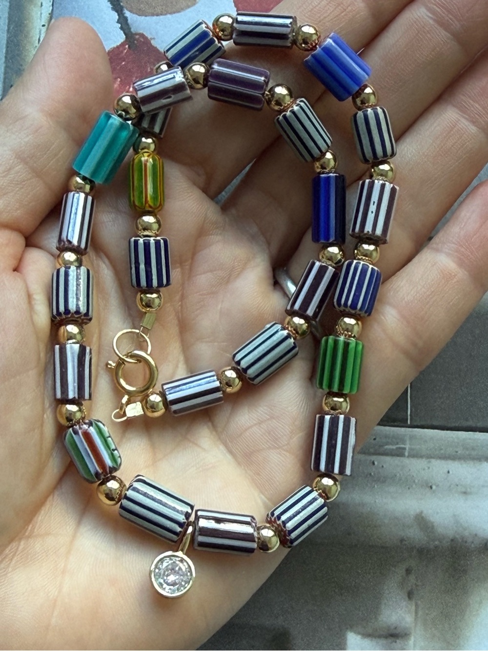 Chevron glass bead and round bezel set cz pendant necklace